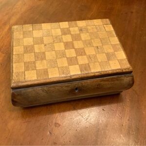 Antique inlaid pear wood box hinged checkerboard lid cushion shaped sides